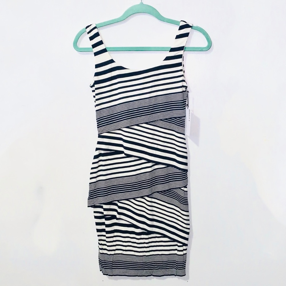 ANTHRO (BAILEY44) Striped Navy and Ivory Asymmetrical Bodycon Dress